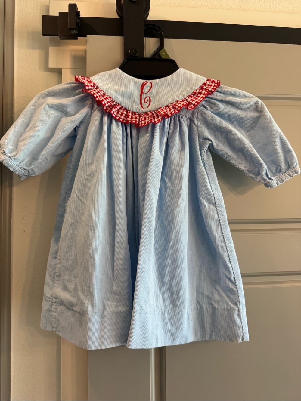 Light Blue Girls Dress with Red Gingham Ruffle and Monogram C